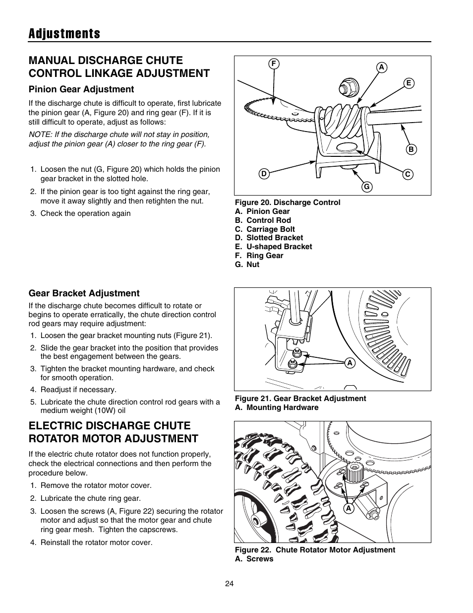 Adjustments, Manual discharge chute control linkage adjustment, Electric discharge chute rotator motor adjustment | Snapper 10524 User Manual | Page 26 / 32