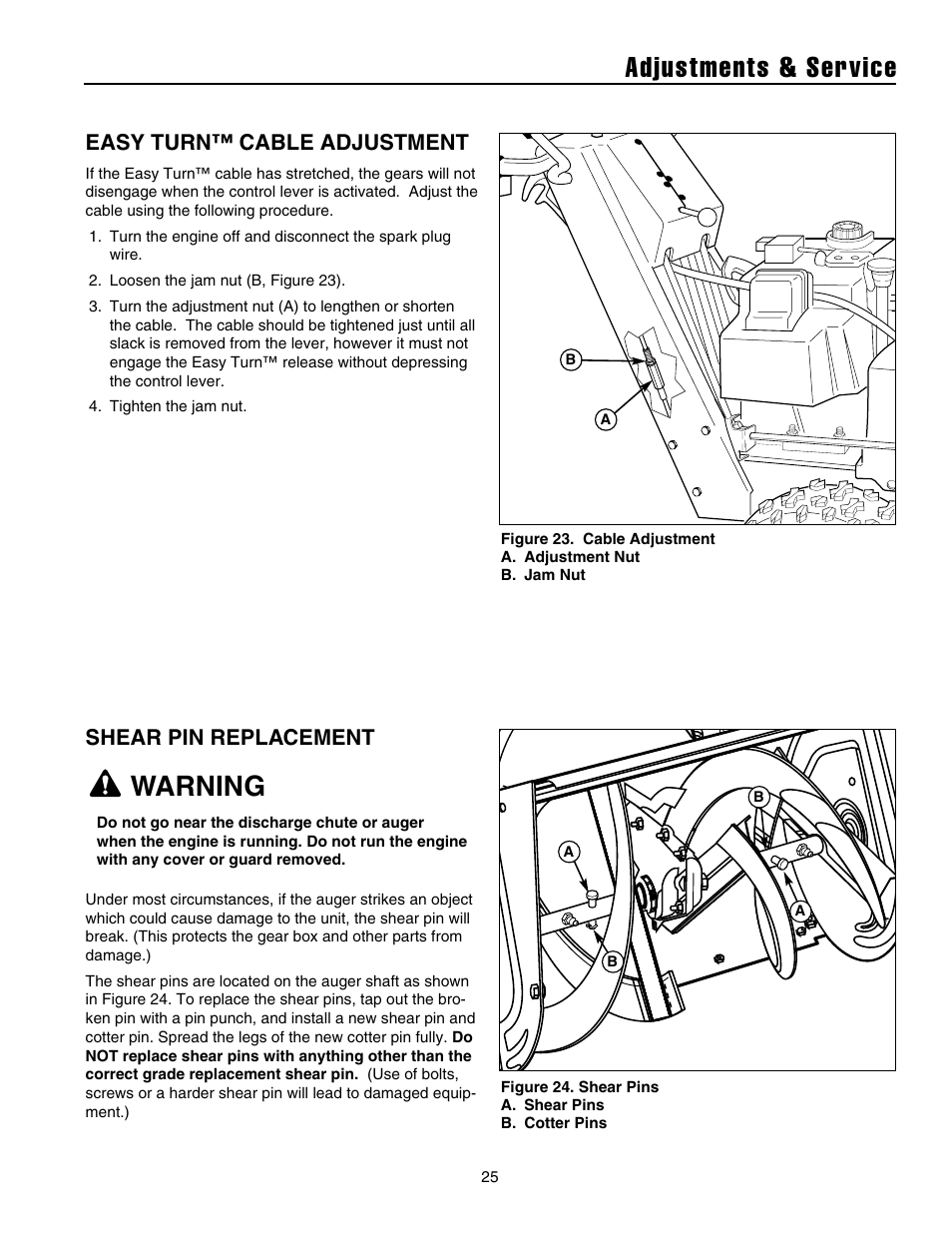 Adjustments & service, Warning, Easy turn™ cable adjustment | Shear pin replacement | Snapper 10524 User Manual | Page 27 / 32