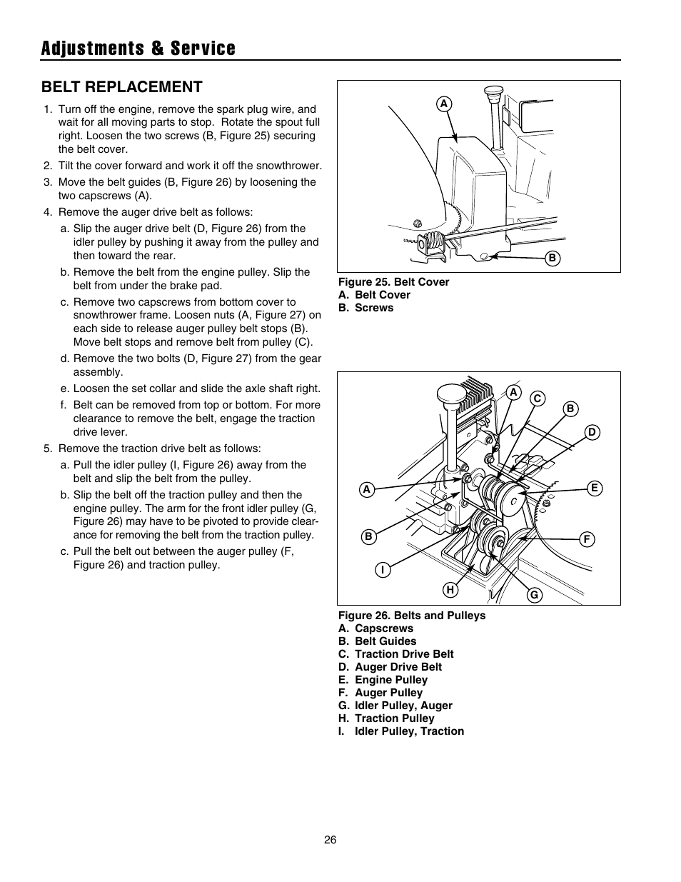 Adjustments & service, Belt replacement | Snapper 10524 User Manual | Page 28 / 32