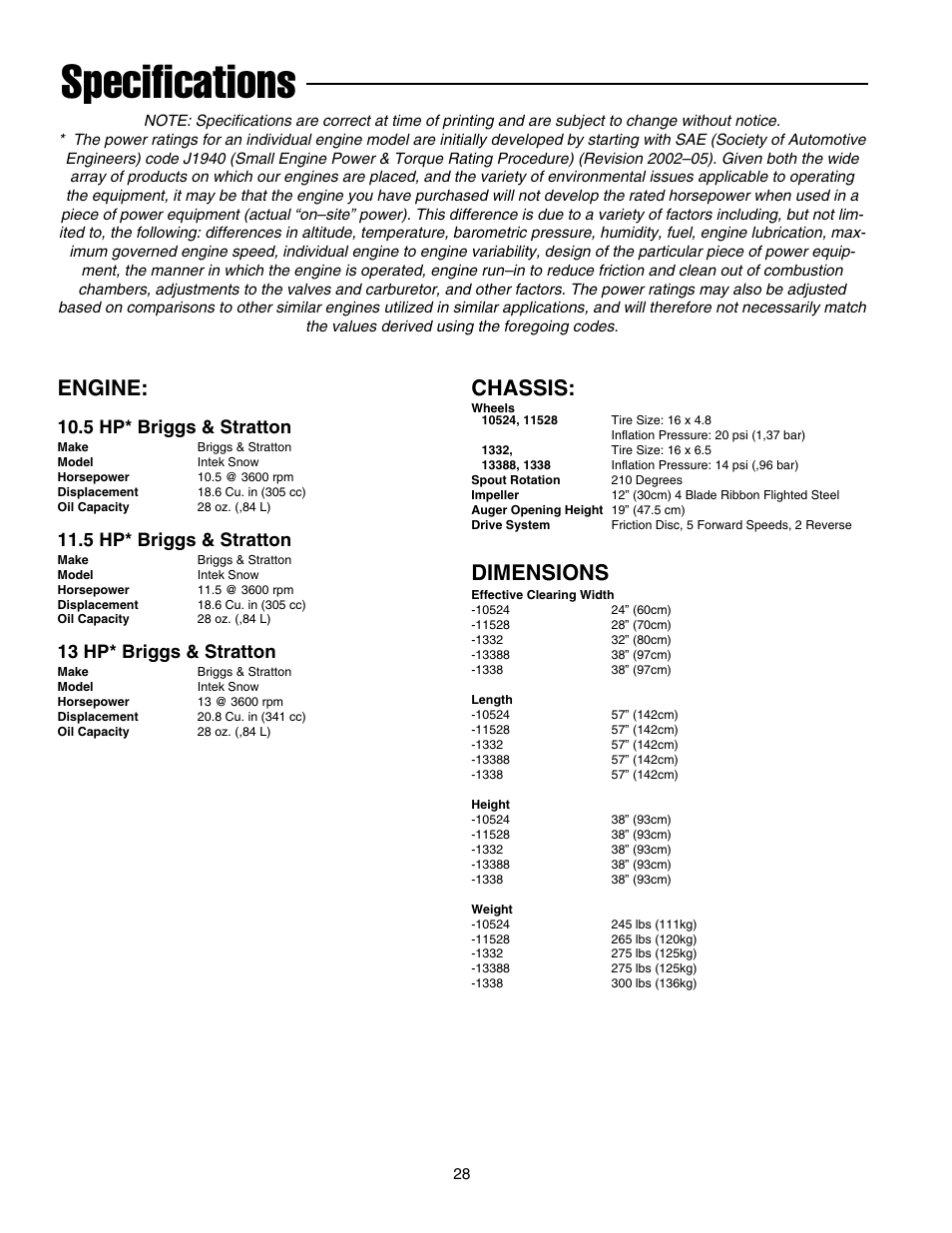 Specifications, Engine, Chassis | Dimensions, 5 hp* briggs & stratton, 13 hp* briggs & stratton | Snapper 10524 User Manual | Page 30 / 32