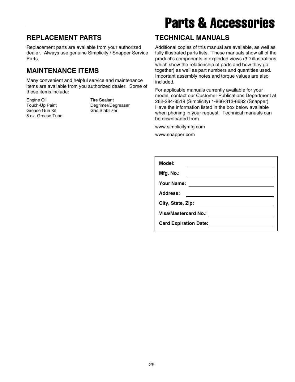 Parts & accessories, Replacement parts, Technical manuals | Maintenance items | Snapper 10524 User Manual | Page 31 / 32