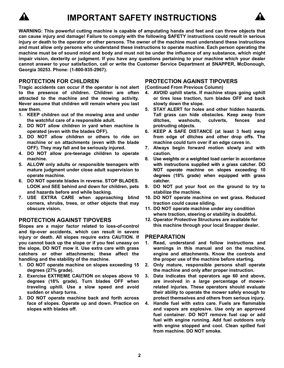 Protection against tipovers, Important safety instructions | Snapper ZM5200M  EN User Manual | Page 2 / 32