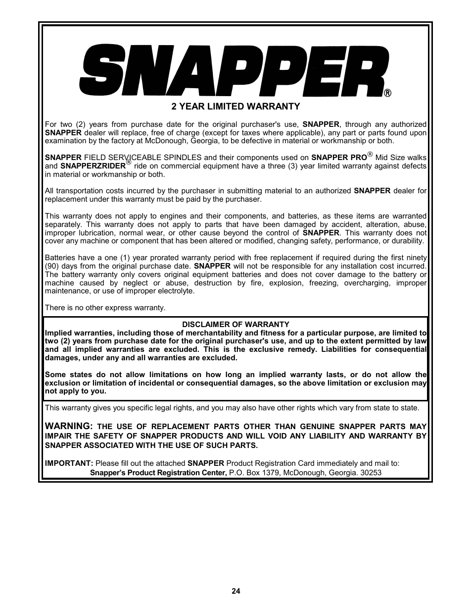 Snapper ZM5200M  EN User Manual | Page 24 / 32