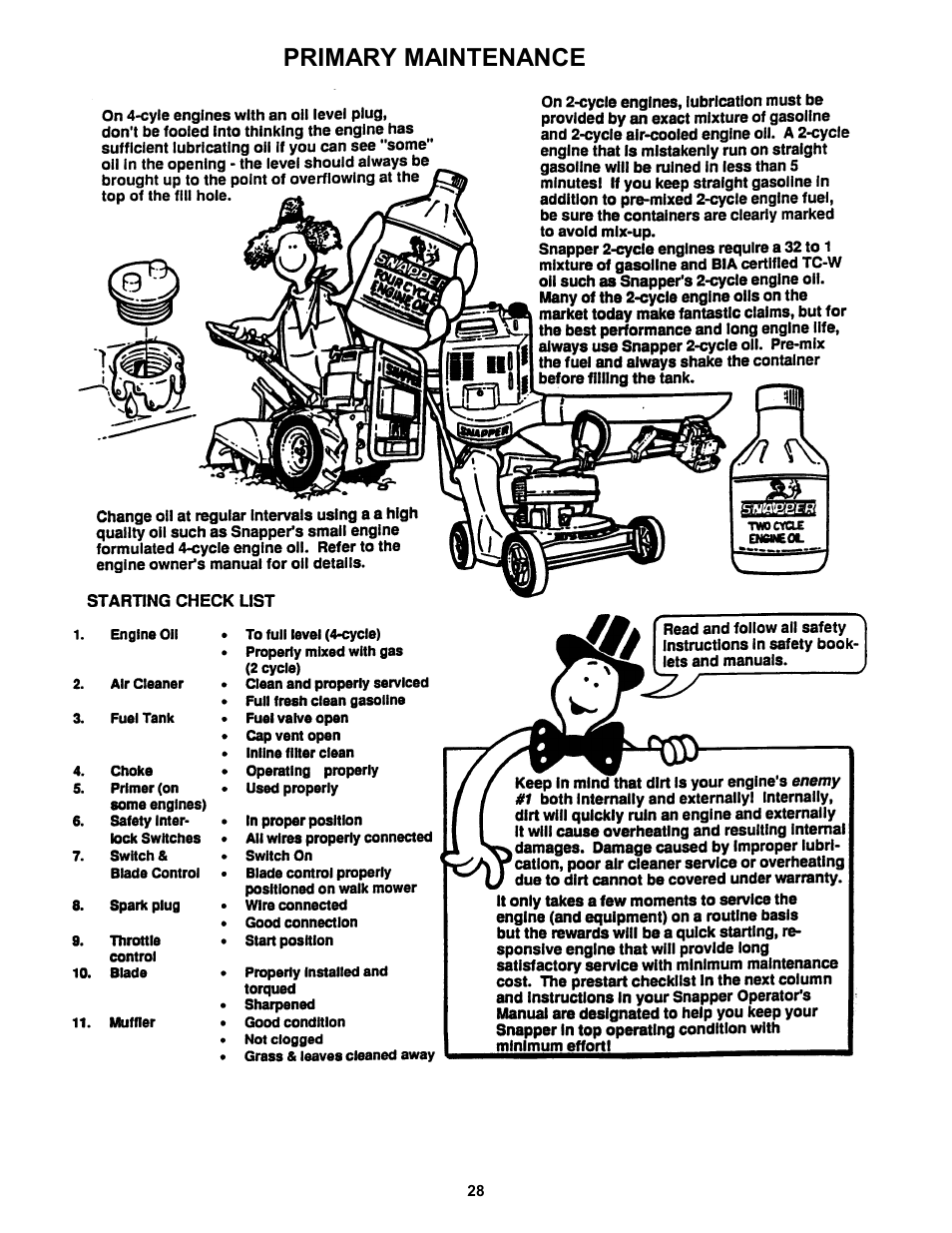 Primary maintenance | Snapper ZM5200M  EN User Manual | Page 28 / 32