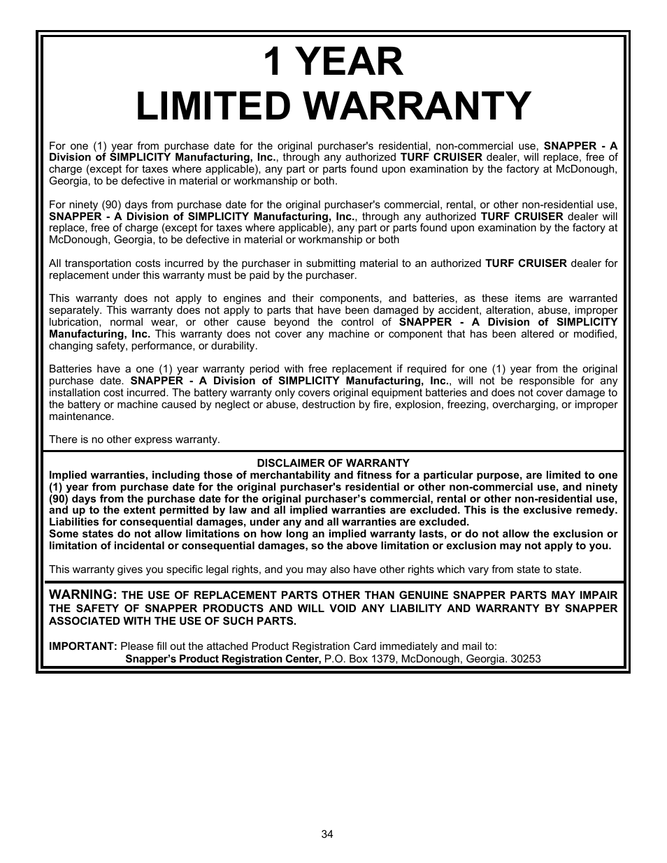 1 year limited warranty | Snapper 7085632 User Manual | Page 34 / 36