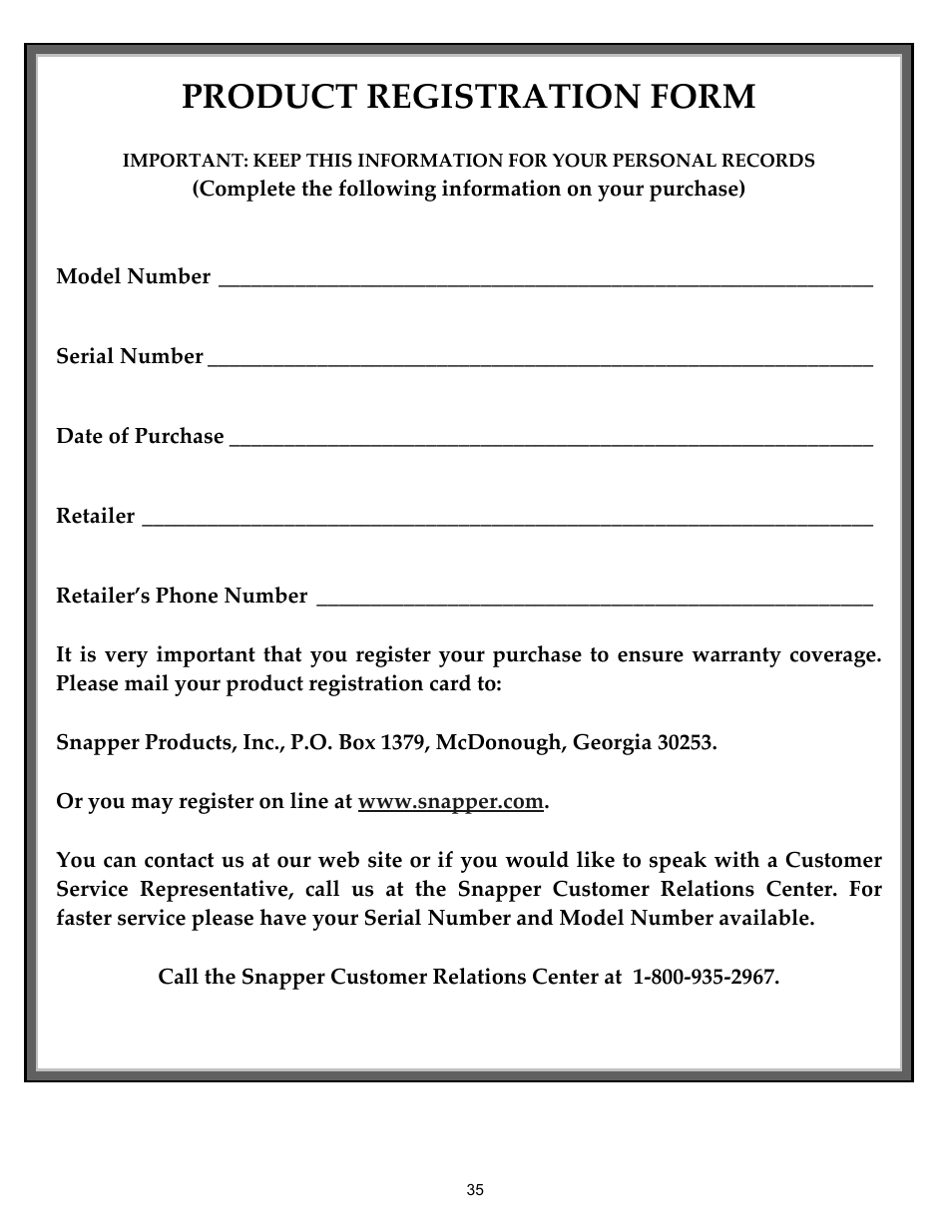Product registration form | Snapper 7085632 User Manual | Page 35 / 36