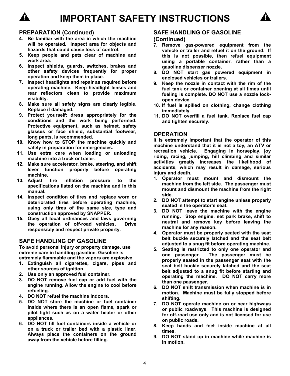 Important safety instructions | Snapper 7085632 User Manual | Page 4 / 36