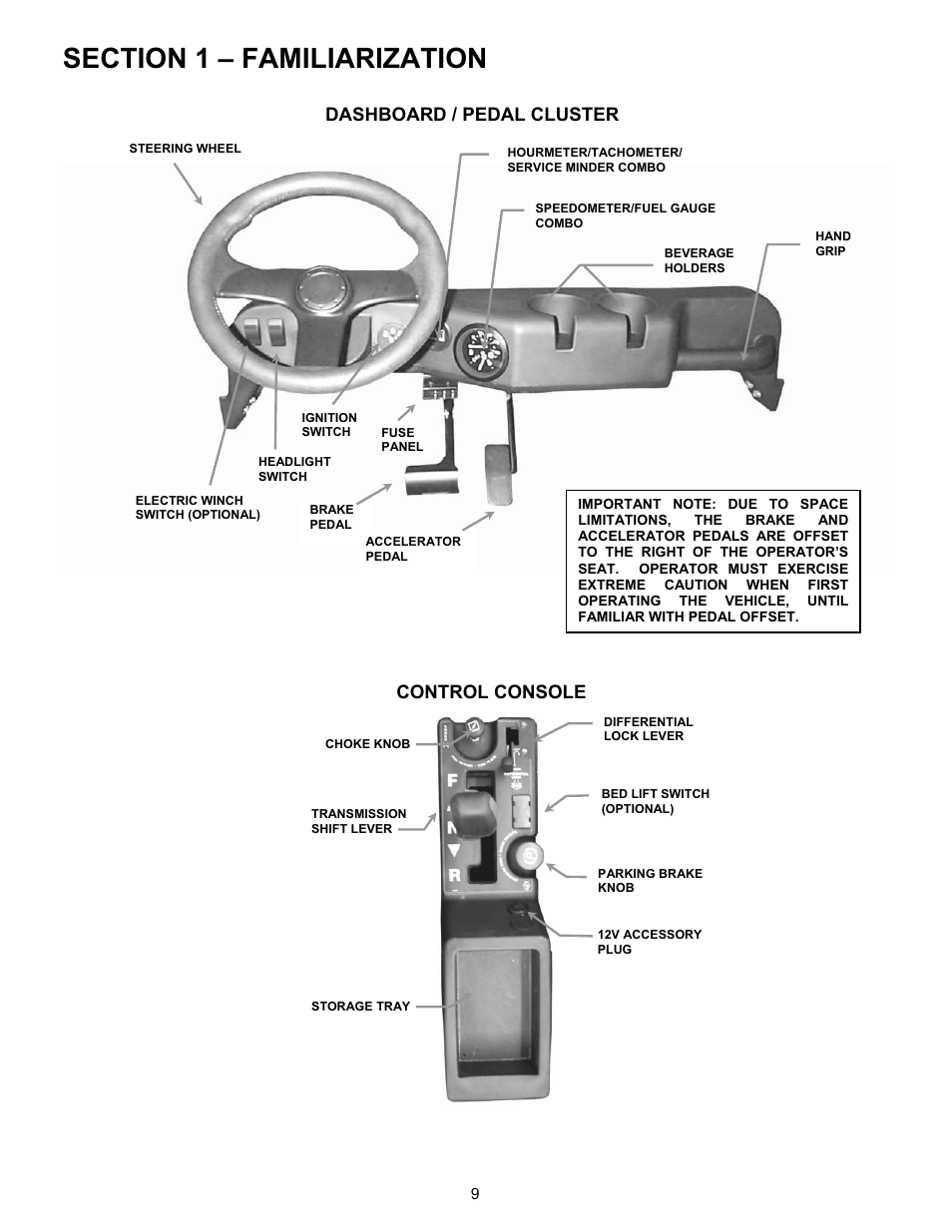 Dashboard / pedal cluster, Control console | Snapper 7085632 User Manual | Page 9 / 36
