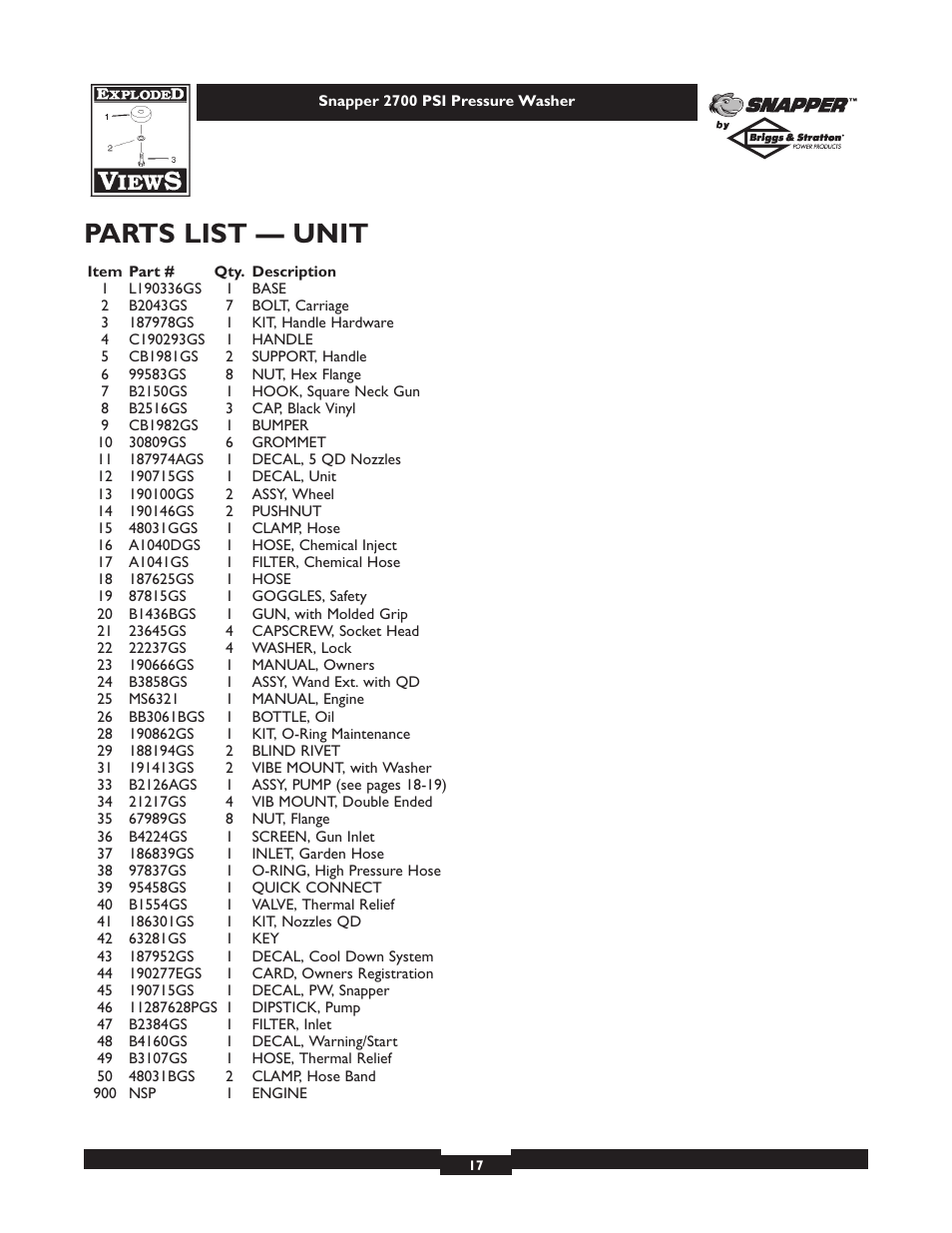 Parts list — unit | Snapper 1661-0 User Manual | Page 4 / 8