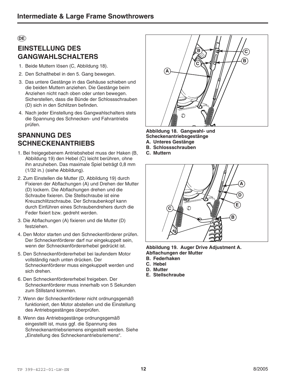 Intermediate & large frame snowthrowers, Einstellung des gangwahlschalters, Spannung des schneckenantriebs | Snapper 1694851 1380E User Manual | Page 12 / 32