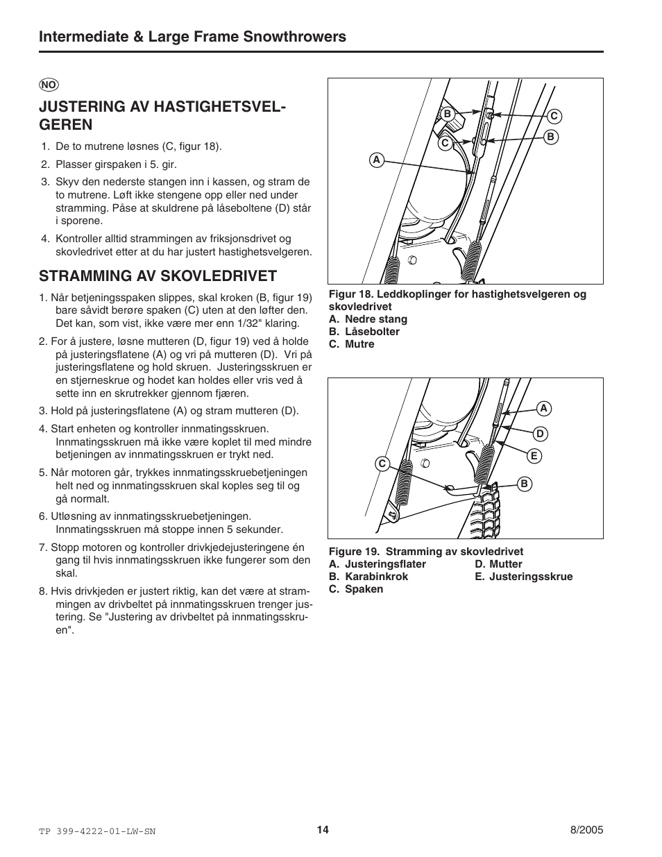 Intermediate & large frame snowthrowers, Justering av hastighetsvel- geren, Stramming av skovledrivet | Snapper 1694851 1380E User Manual | Page 14 / 32