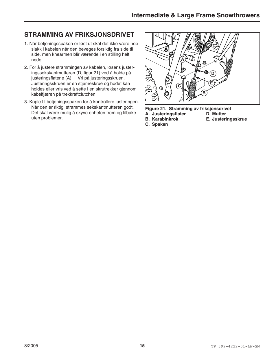 Intermediate & large frame snowthrowers, Stramming av friksjonsdrivet | Snapper 1694851 1380E User Manual | Page 15 / 32