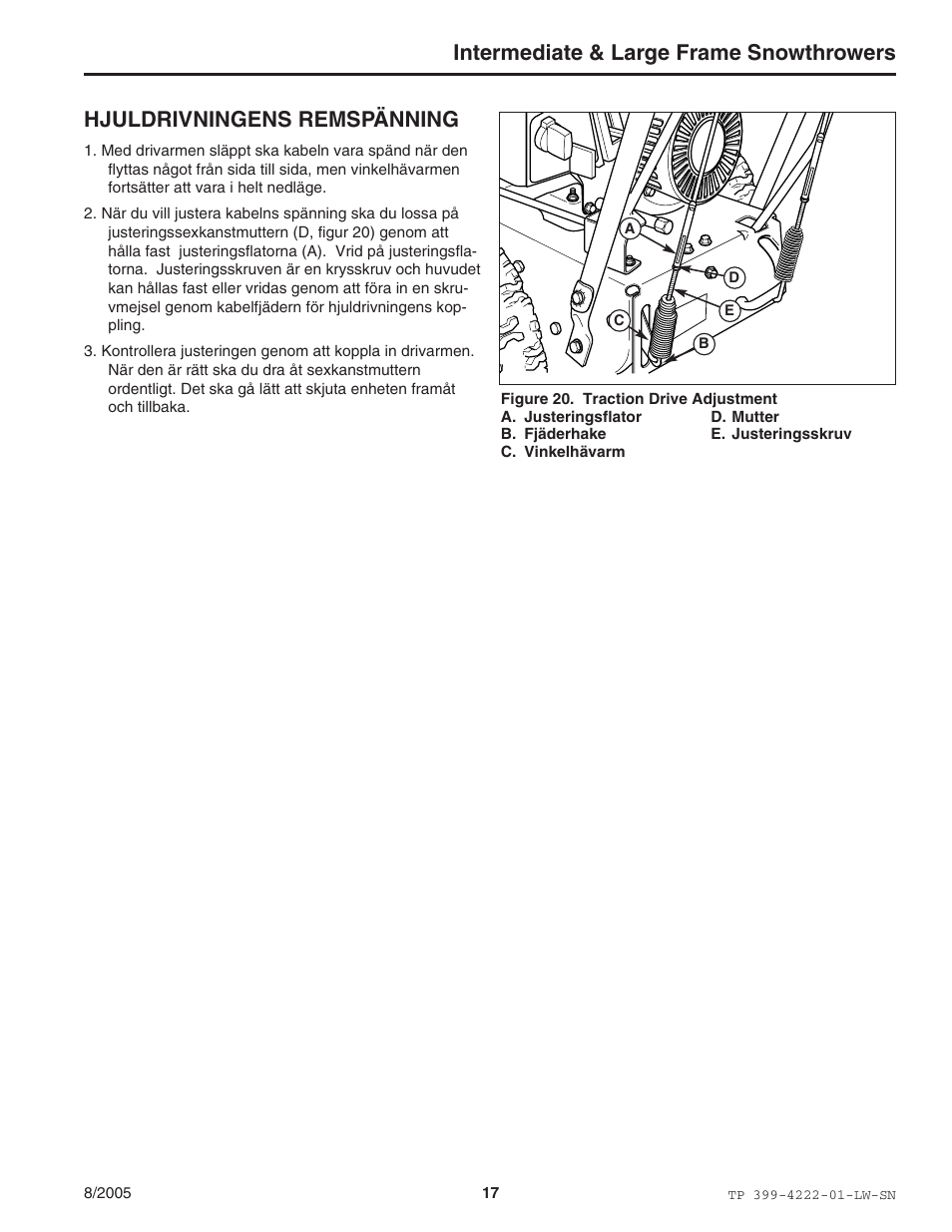 Intermediate & large frame snowthrowers, Hjuldrivningens remspänning | Snapper 1694851 1380E User Manual | Page 17 / 32