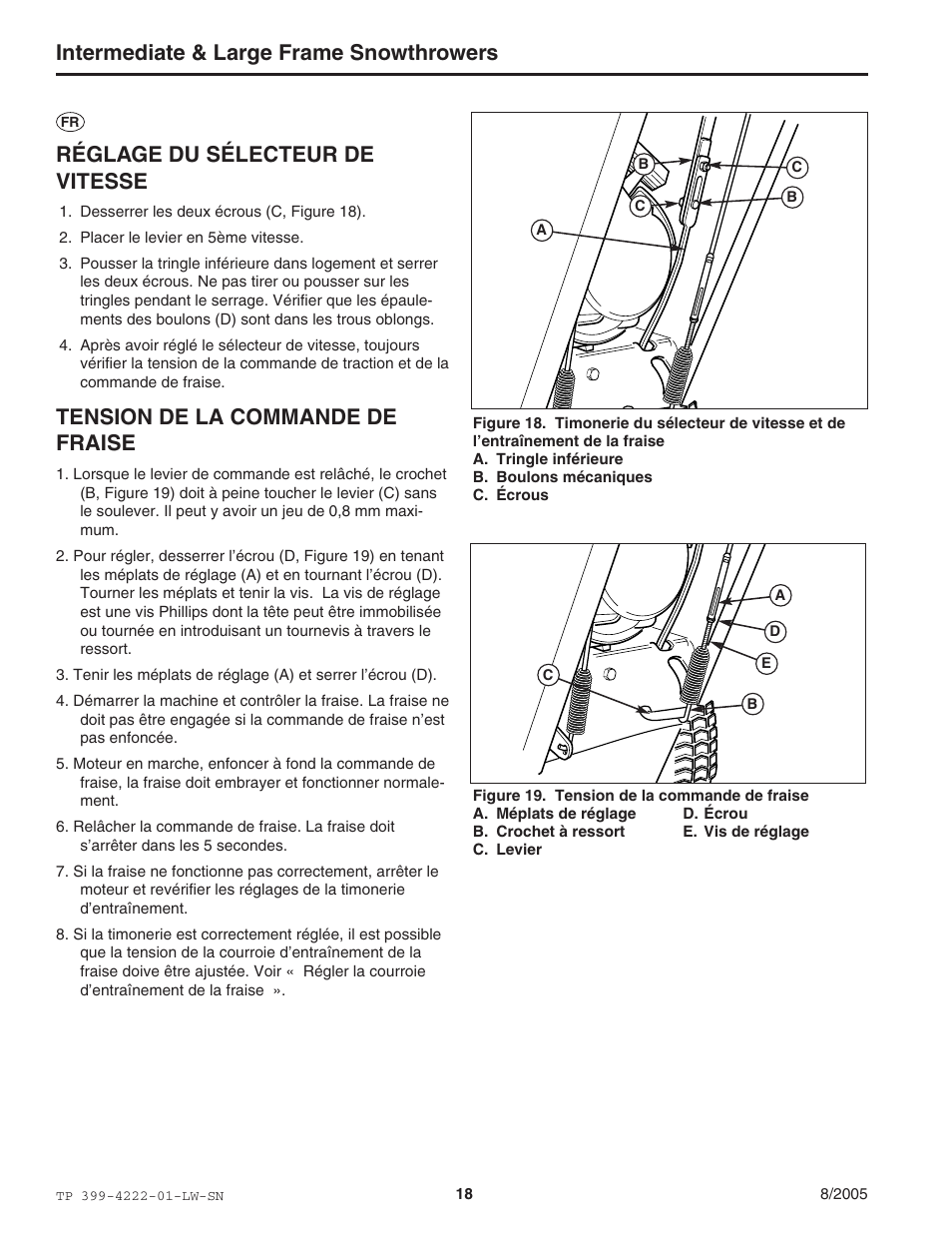 Intermediate & large frame snowthrowers, Réglage du sélecteur de vitesse, Tension de la commande de fraise | Snapper 1694851 1380E User Manual | Page 18 / 32