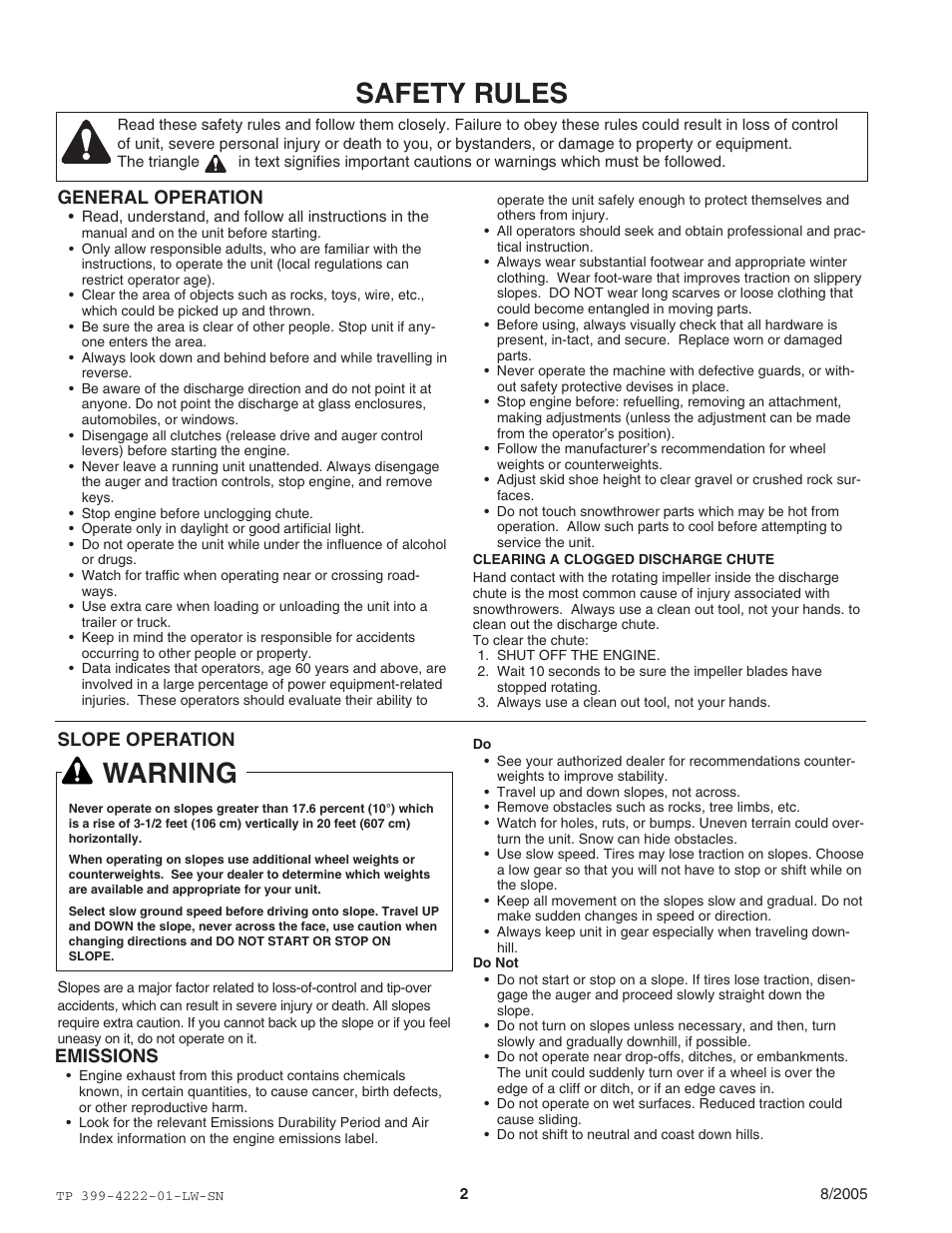 Safety rules, Warning, General operation | Slope operation, Emissions | Snapper 1694851 1380E User Manual | Page 2 / 32