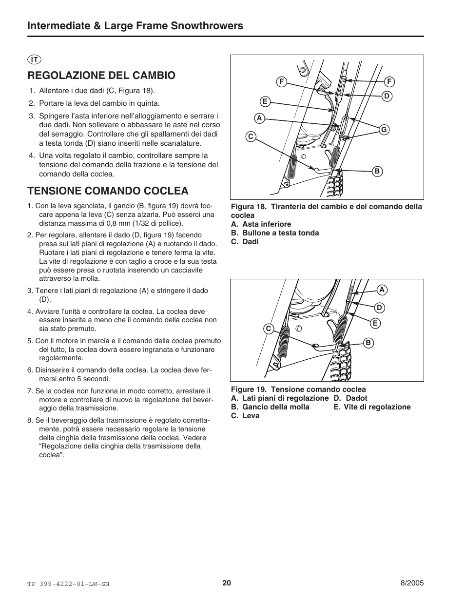 Intermediate & large frame snowthrowers, Regolazione del cambio, Tensione comando coclea | Snapper 1694851 1380E User Manual | Page 20 / 32