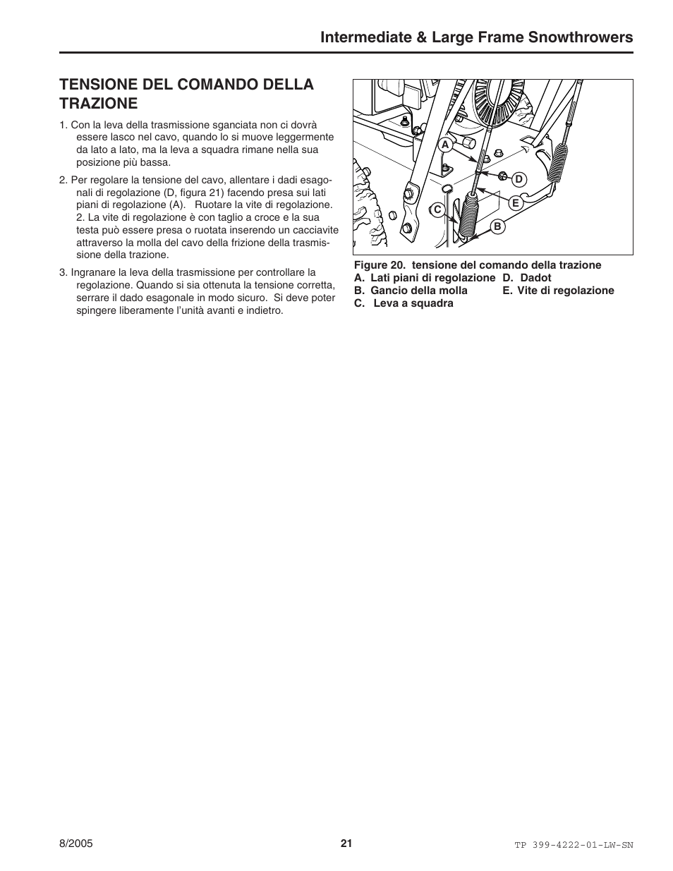 Intermediate & large frame snowthrowers, Tensione del comando della trazione | Snapper 1694851 1380E User Manual | Page 21 / 32