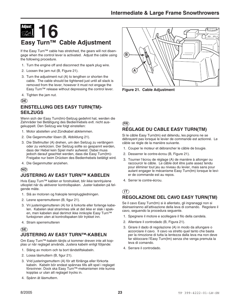 Easy turn™ cable adjustment, Intermediate & large frame snowthrowers | Snapper 1694851 1380E User Manual | Page 23 / 32