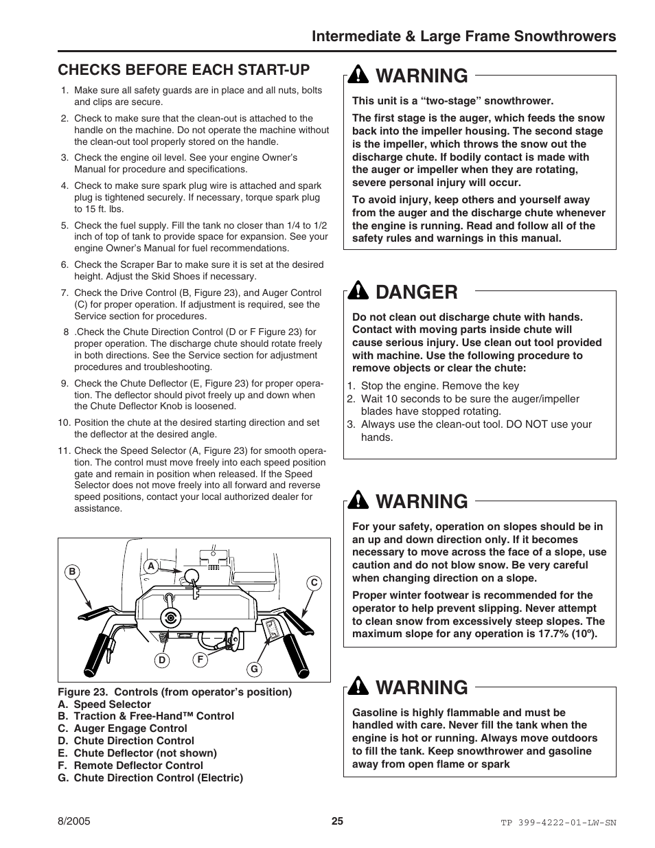 Warning, Danger, Intermediate & large frame snowthrowers | Checks before each start-up | Snapper 1694851 1380E User Manual | Page 25 / 32