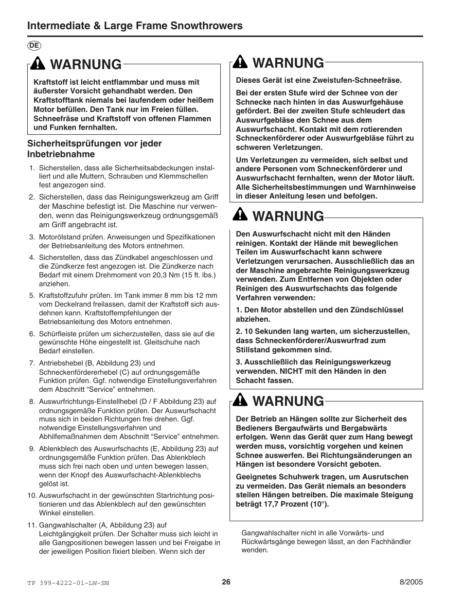 Warnung, Intermediate & large frame snowthrowers | Snapper 1694851 1380E User Manual | Page 26 / 32