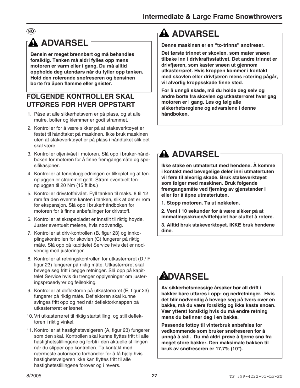 Advarsel, Intermediate & large frame snowthrowers, Følgende kontroller skal utføres før hver oppstart | Snapper 1694851 1380E User Manual | Page 27 / 32