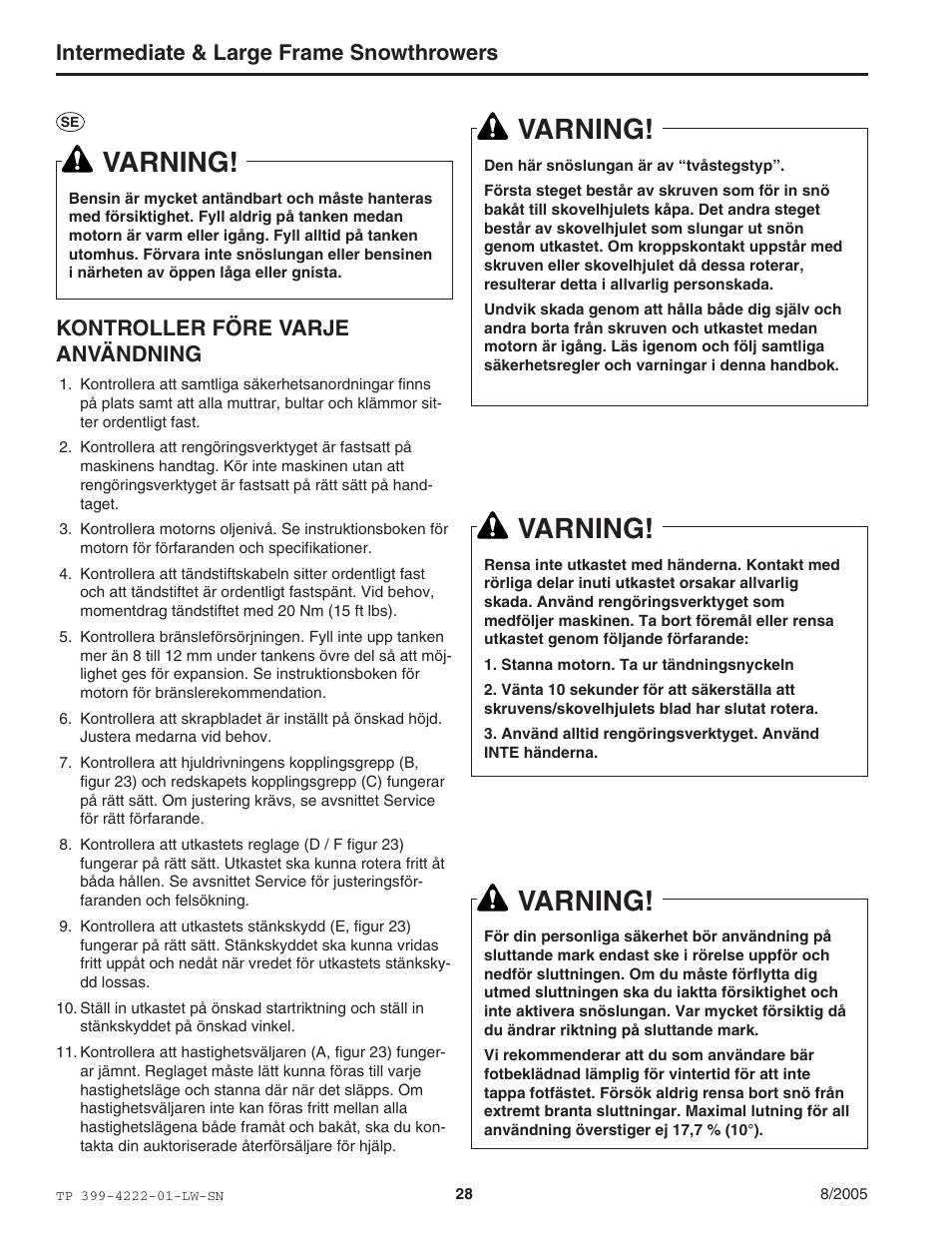 Varning, Intermediate & large frame snowthrowers, Kontroller före varje användning | Snapper 1694851 1380E User Manual | Page 28 / 32