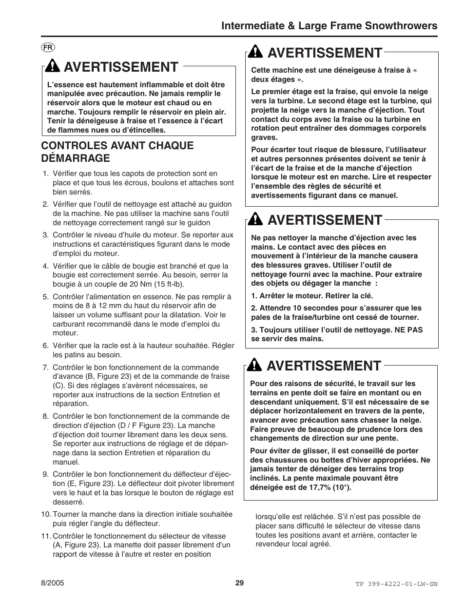 Avertissement, Intermediate & large frame snowthrowers, Controles avant chaque démarrage | Snapper 1694851 1380E User Manual | Page 29 / 32