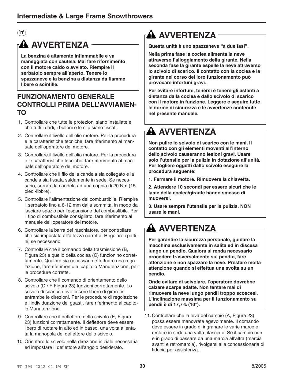 Avvertenza, Intermediate & large frame snowthrowers | Snapper 1694851 1380E User Manual | Page 30 / 32