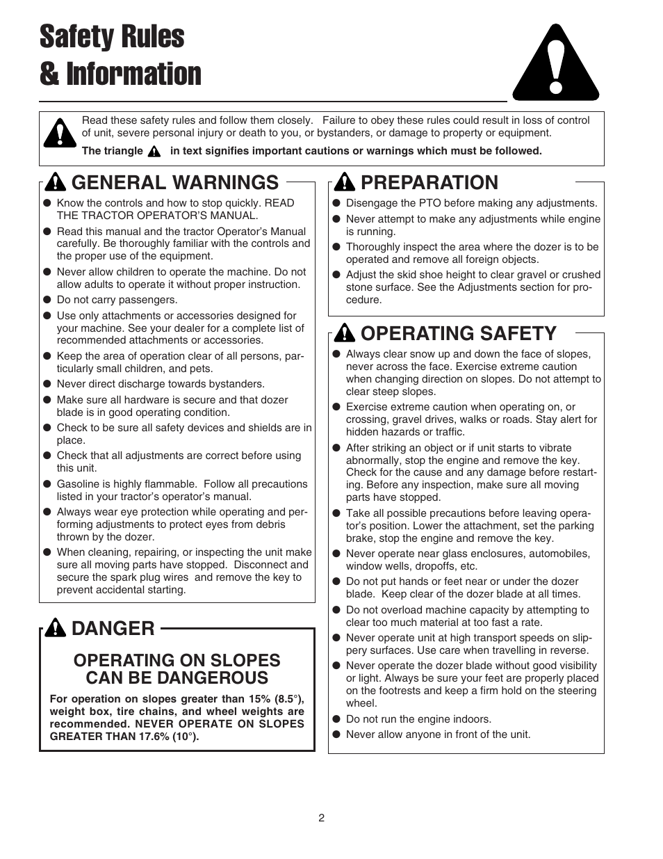 Safety rules & information, Operating safety, General warnings | Preparation, Danger, Operating on slopes can be dangerous | Snapper 1723445-02 User Manual | Page 3 / 18