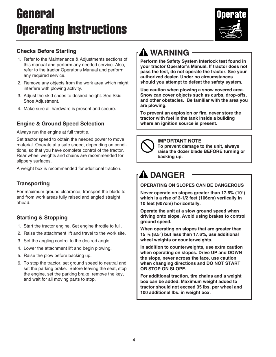 General operating instructions, Warning, Danger | Snapper 1723445-02 User Manual | Page 5 / 18