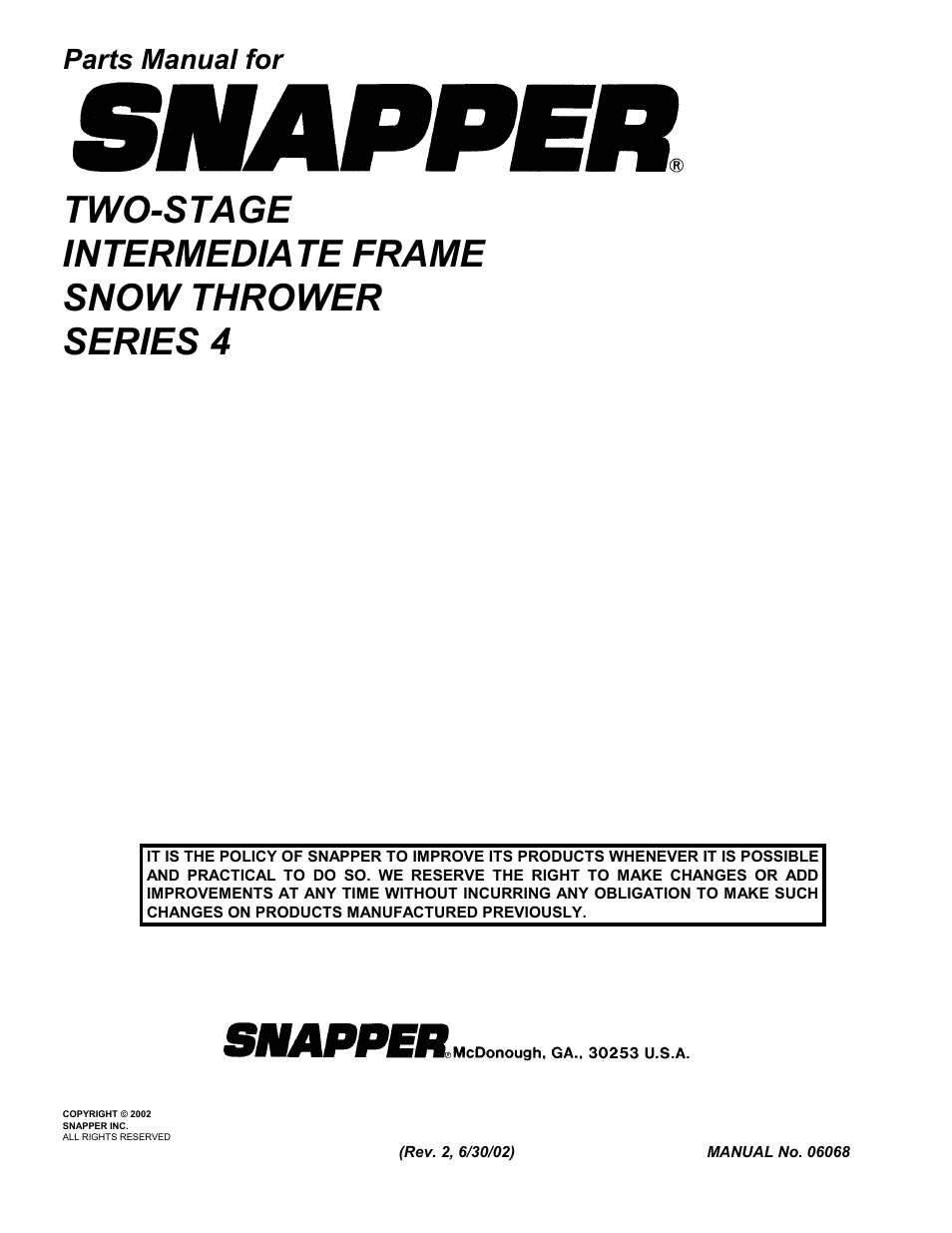 Two-stage intermediate frame snow thrower series 4, Parts manual for | Snapper 155224 User Manual | Page 24 / 24