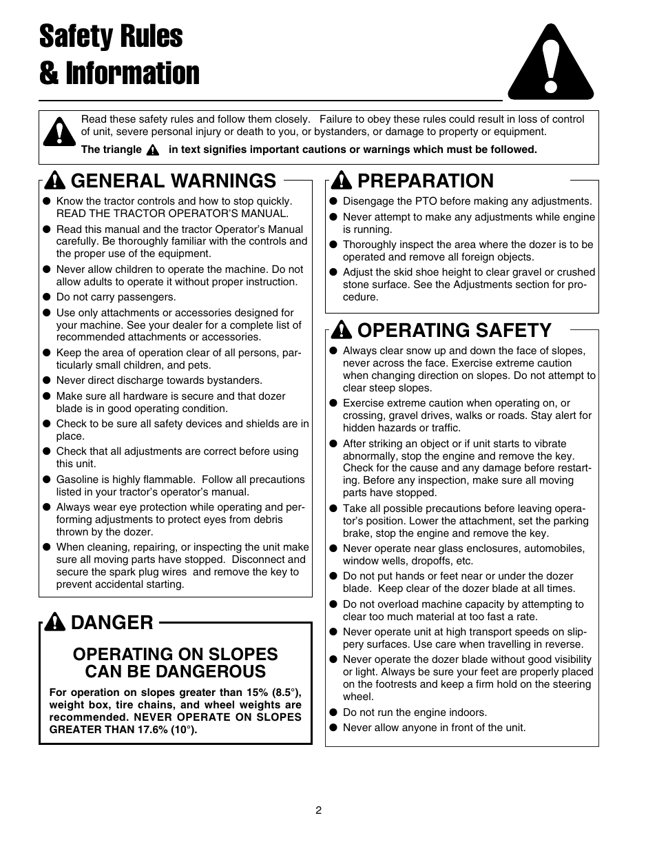 Safety rules & information, Operating safety, General warnings | Preparation, Danger, Operating on slopes can be dangerous | Snapper 1693755 User Manual | Page 3 / 20