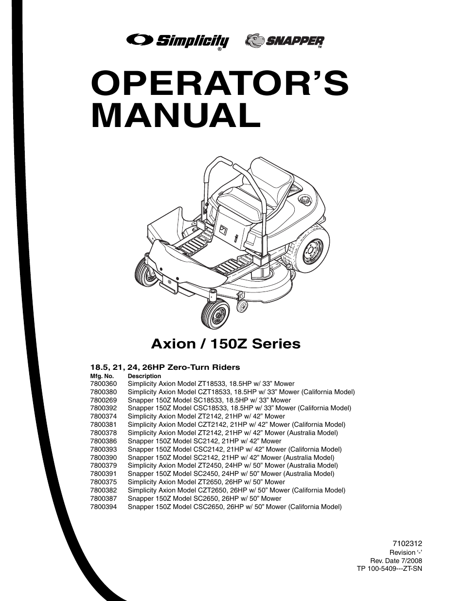 Snapper 150Z Series User Manual | 44 pages