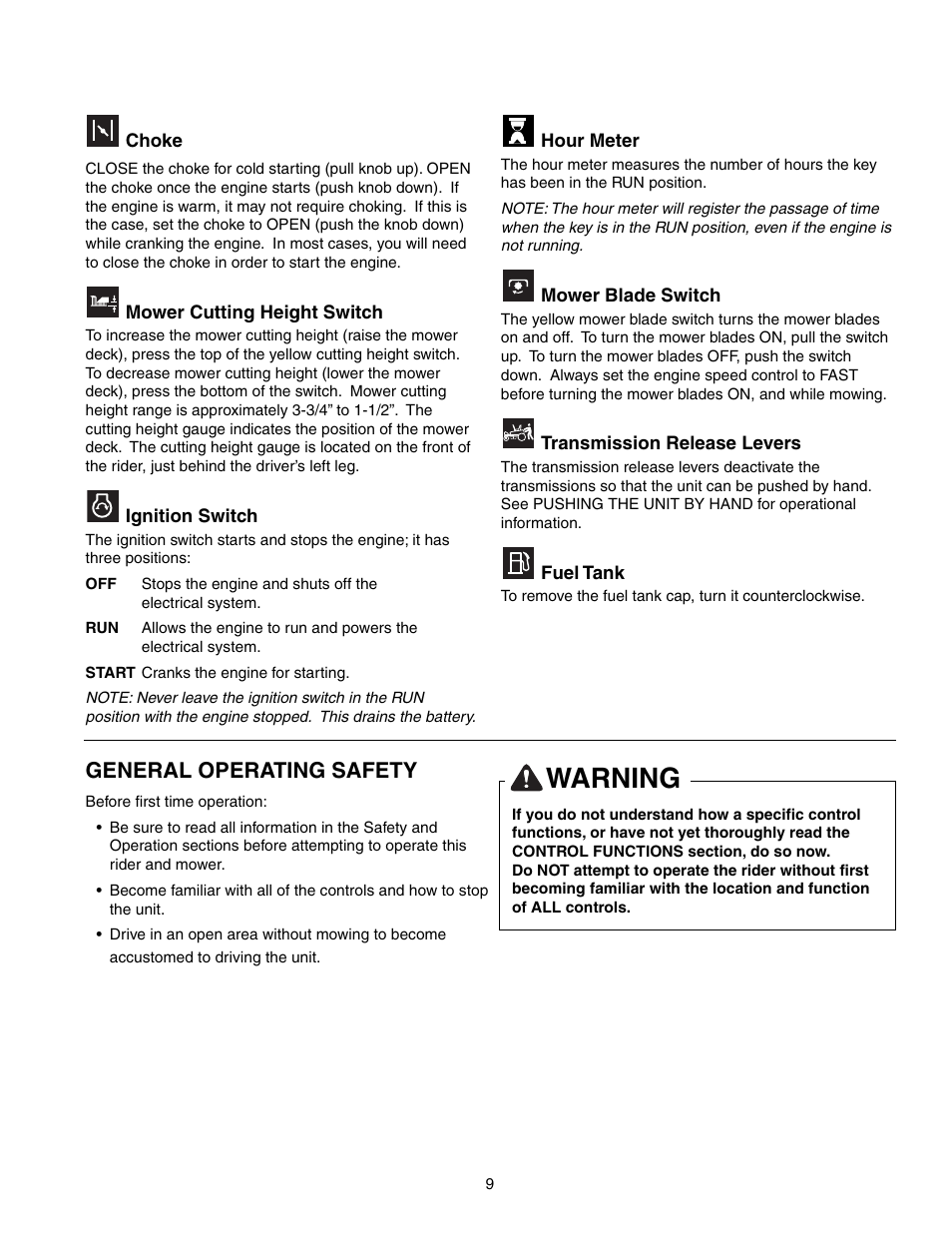 Warning, General operating safety | Snapper 150Z Series User Manual | Page 11 / 44