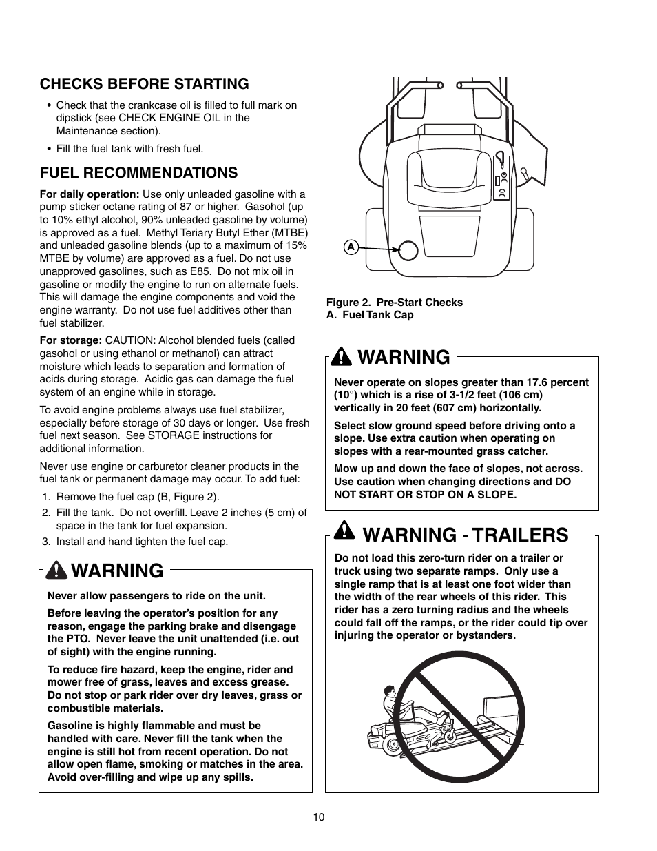 Warning, Warning - trailers, Checks before starting | Fuel recommendations | Snapper 150Z Series User Manual | Page 12 / 44