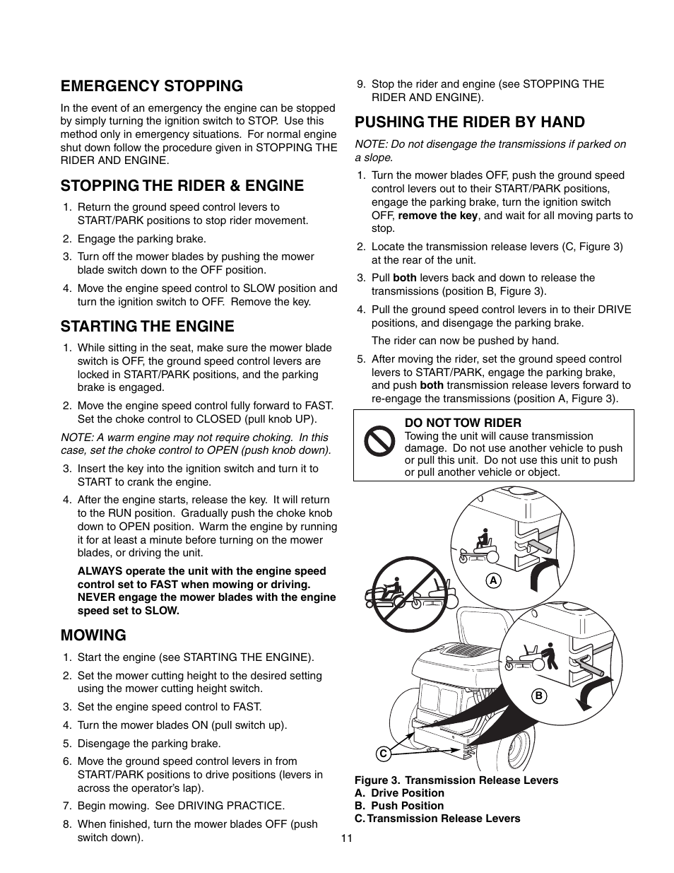 Pushing the rider by hand, Emergency stopping, Stopping the rider & engine | Starting the engine, Mowing | Snapper 150Z Series User Manual | Page 13 / 44