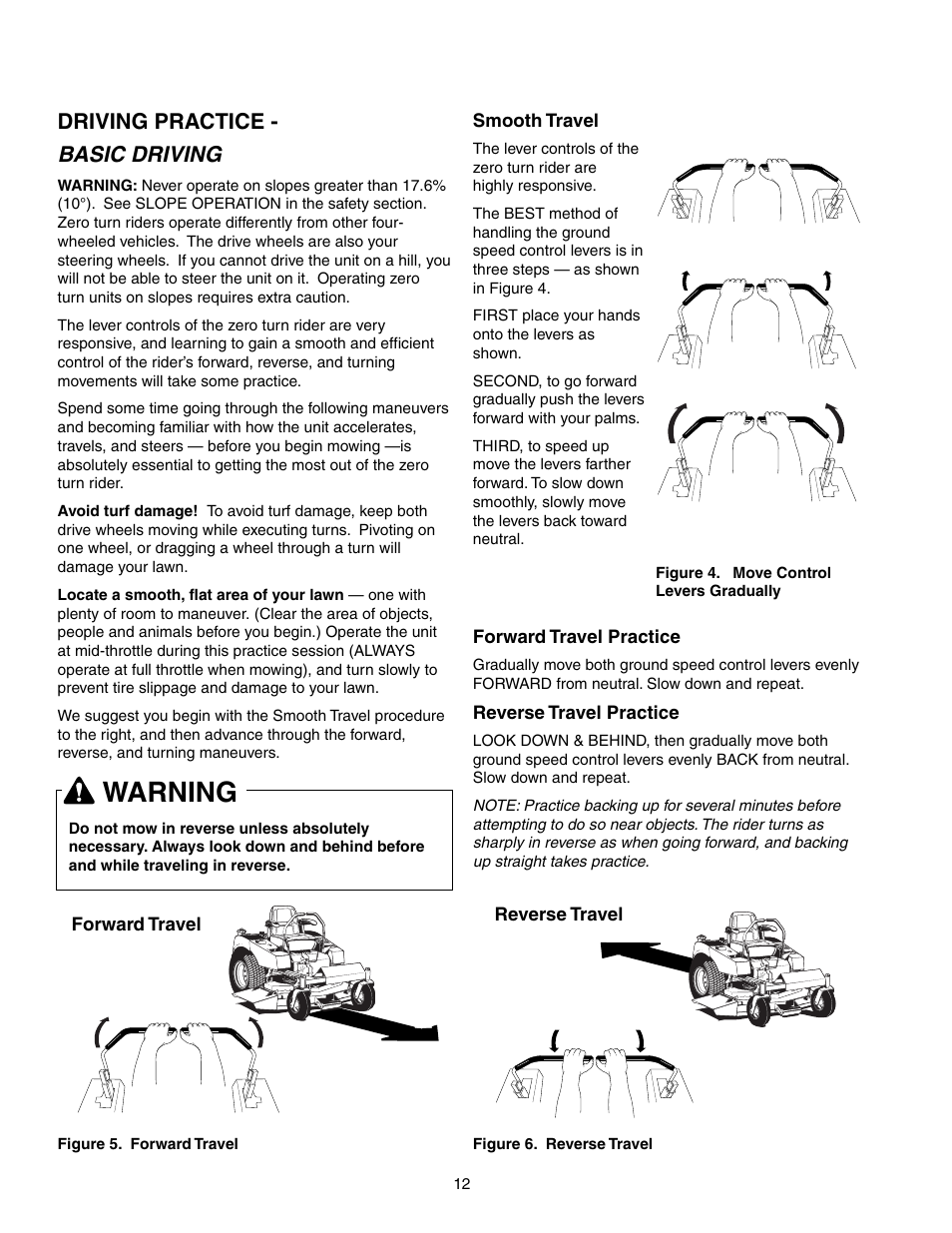 Warning, Basic driving, Driving practice | Snapper 150Z Series User Manual | Page 14 / 44