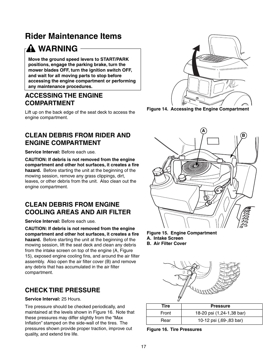 Rider maintenance items, Warning, Accessing the engine compartment | Clean debris from rider and engine compartment, Check tire pressure | Snapper 150Z Series User Manual | Page 19 / 44