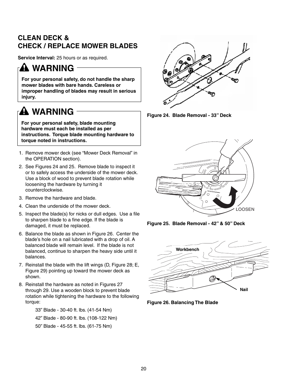 Warning, Clean deck & check / replace mower blades | Snapper 150Z Series User Manual | Page 22 / 44