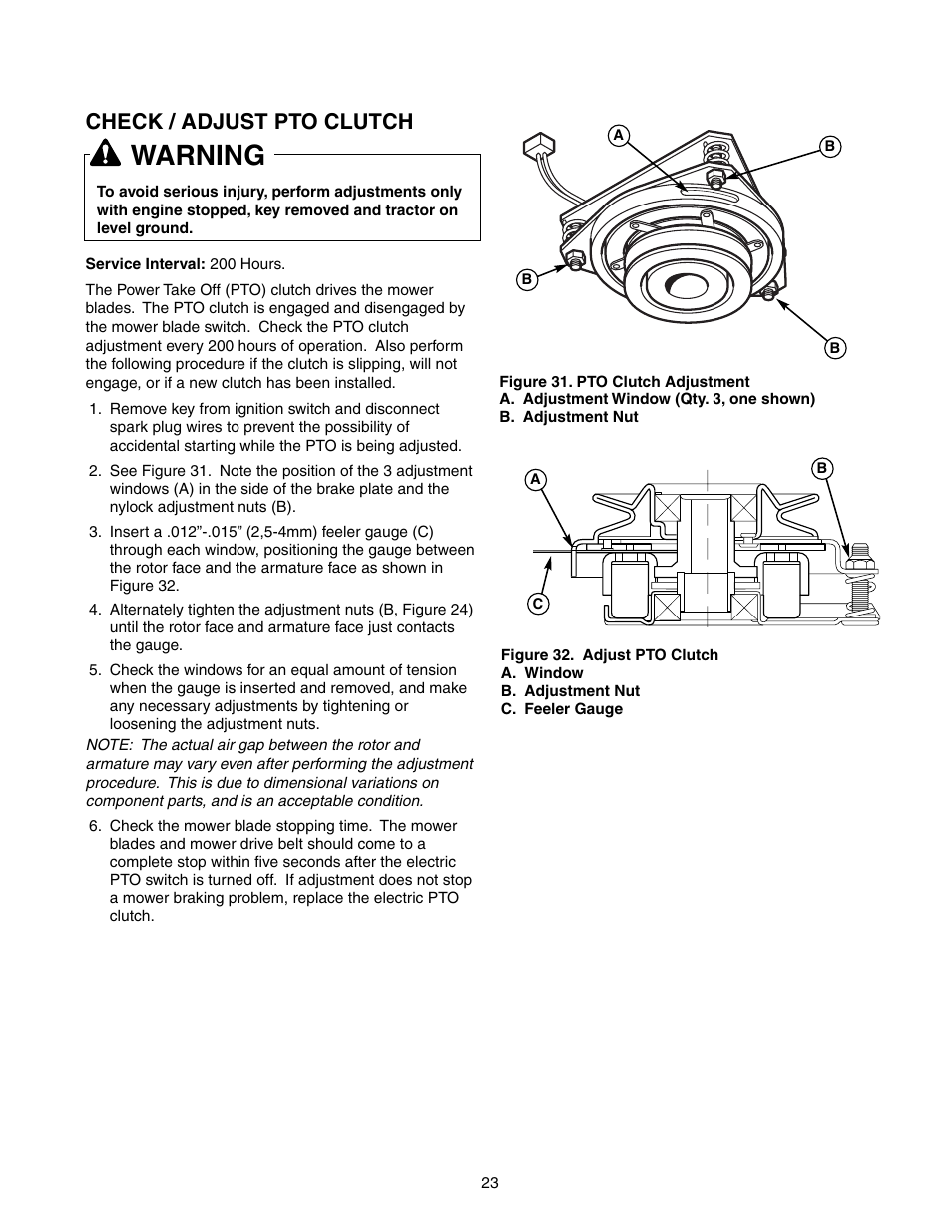 Warning, Check / adjust pto clutch | Snapper 150Z Series User Manual | Page 25 / 44