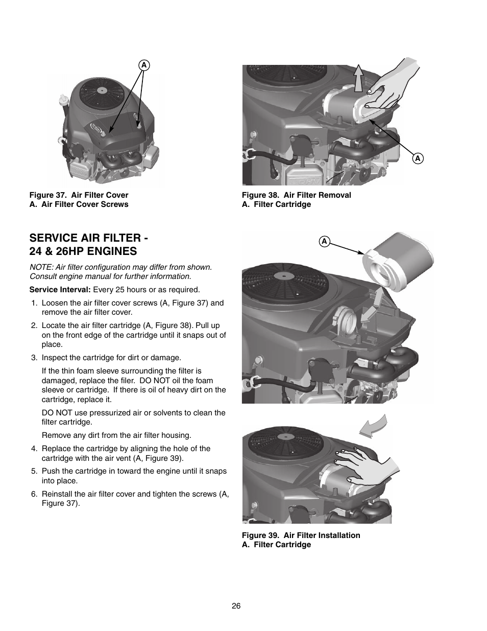 Service air filter - 24 & 26hp engines | Snapper 150Z Series User Manual | Page 28 / 44