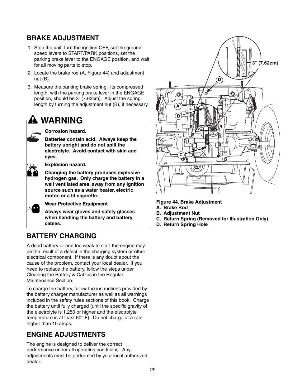 Warning, Brake adjustment, Battery charging | Engine adjustments | Snapper 150Z Series User Manual | Page 31 / 44