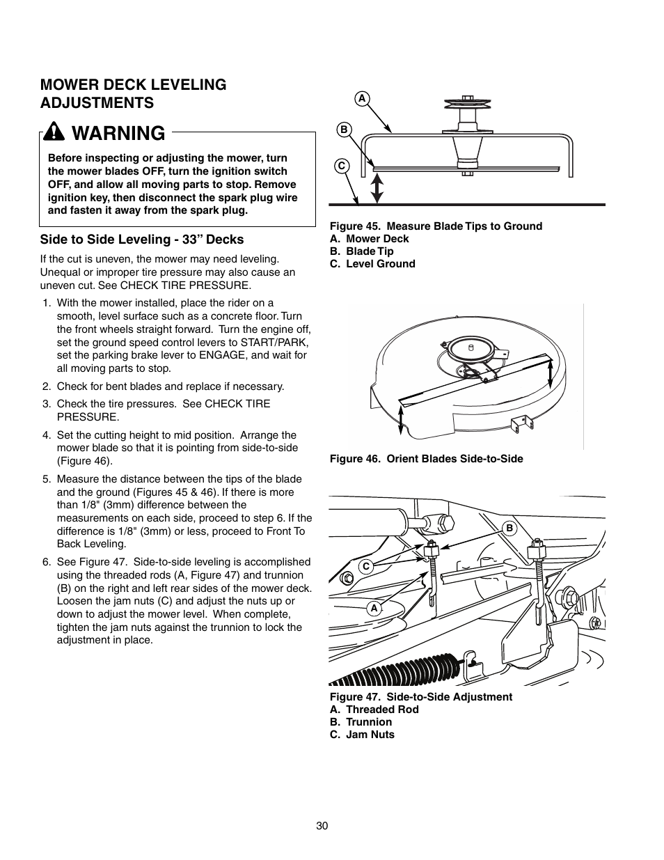 Warning, Mower deck leveling adjustments | Snapper 150Z Series User Manual | Page 32 / 44