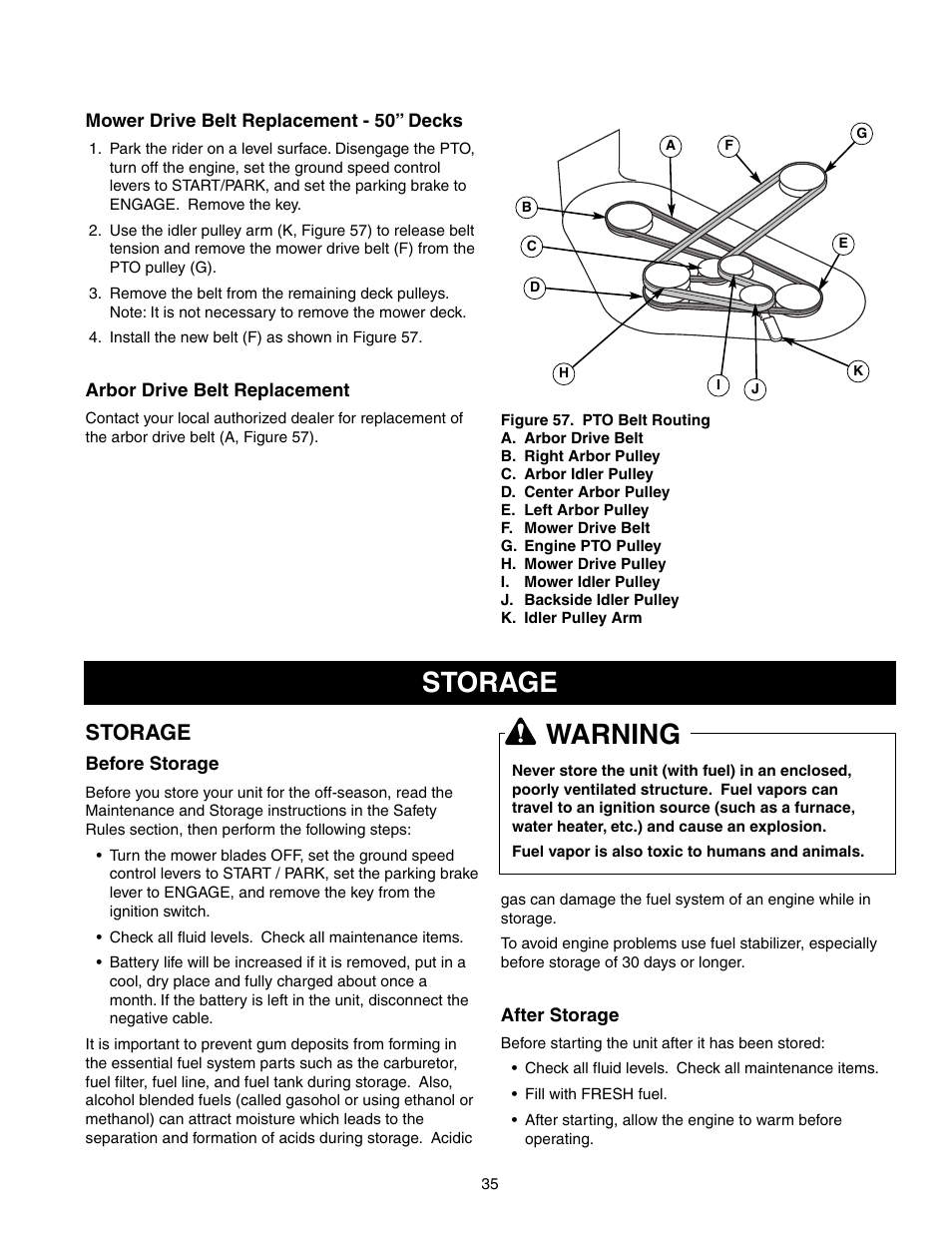 Storage warning, Storage | Snapper 150Z Series User Manual | Page 37 / 44