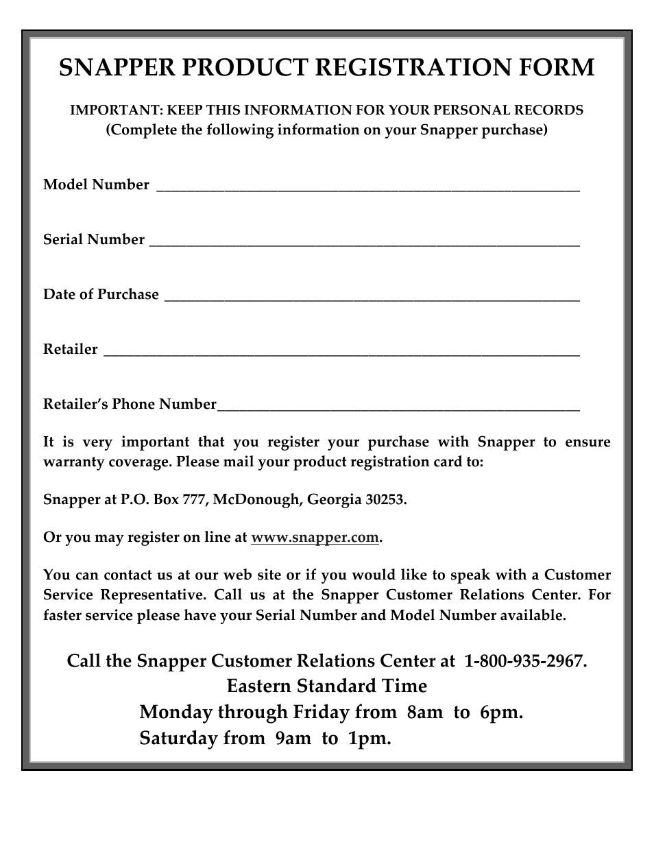 Snapper product registration form | Snapper ZM5202M User Manual | Page 33 / 36