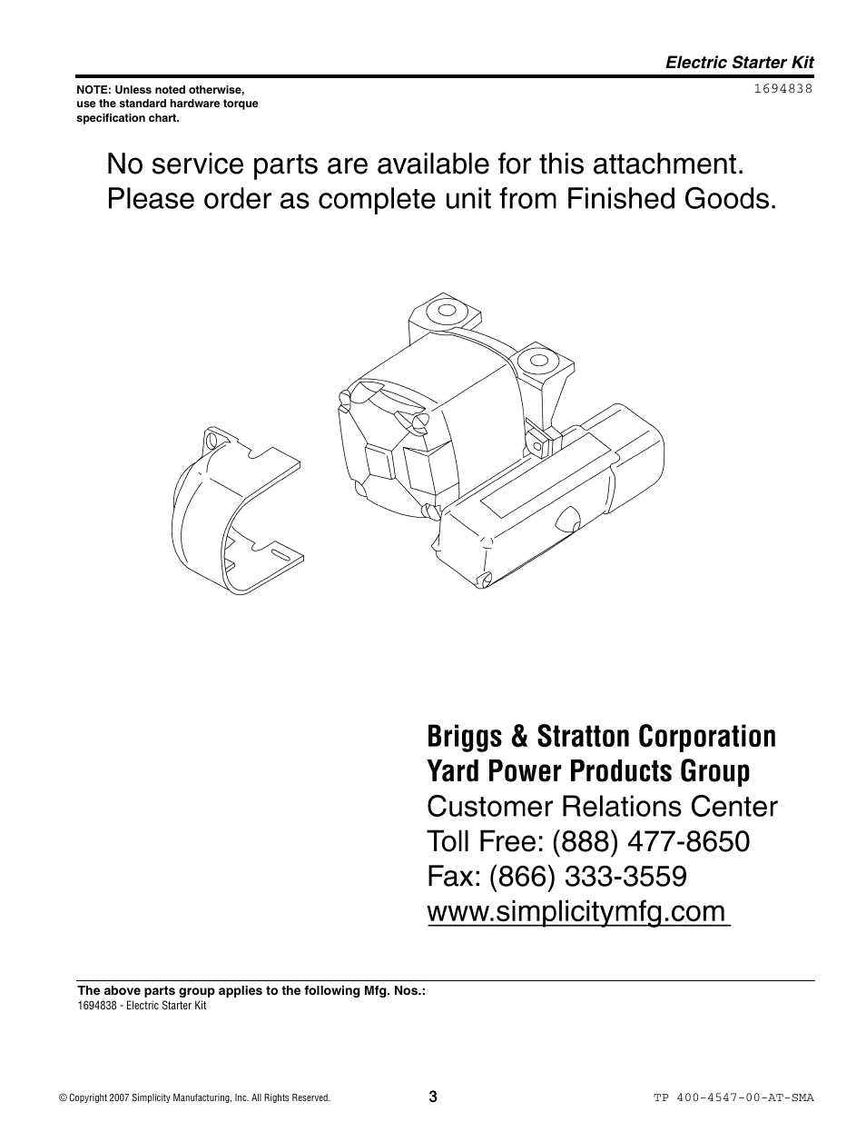 Electric starter kit | Snapper 4547 User Manual | Page 3 / 4