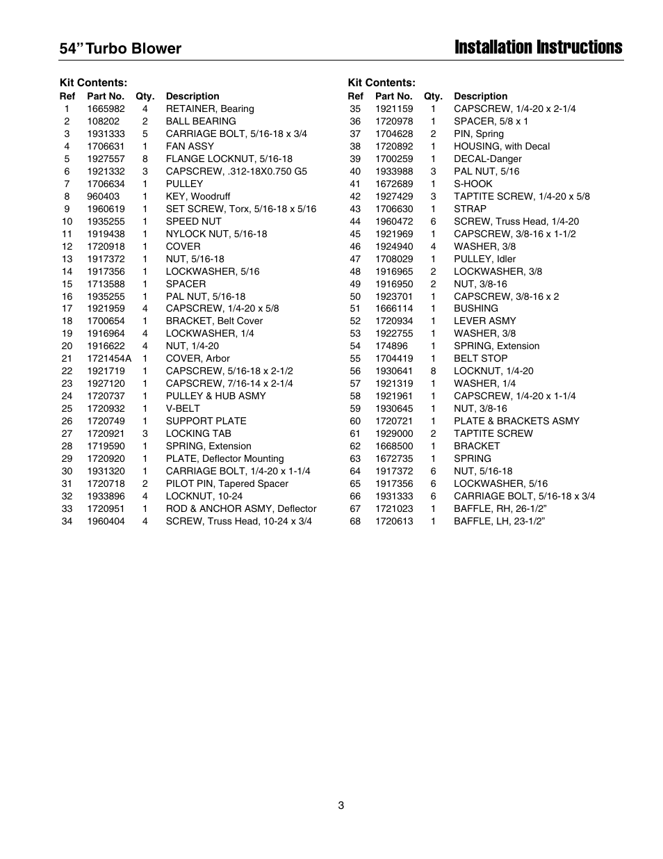 Installation instructions, 54” turbo blower | Snapper 1695299 User Manual | Page 3 / 8