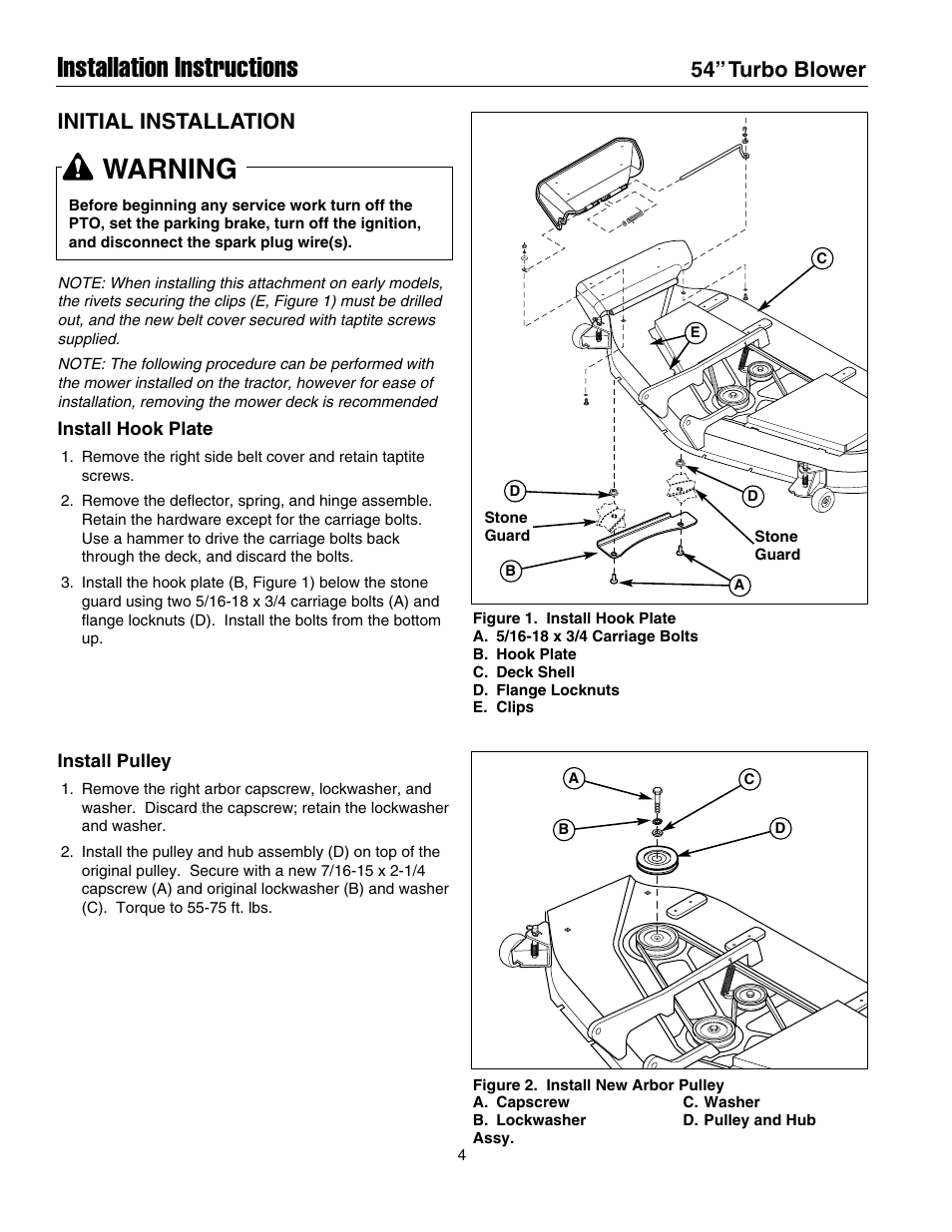 Installation instructions, Warning, 54” turbo blower | Initial installation | Snapper 1695299 User Manual | Page 4 / 8