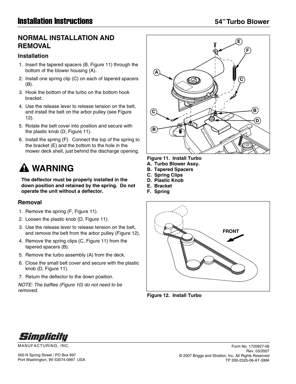 Installation instructions, Warning, 54” turbo blower | Normal installation and removal | Snapper 1695299 User Manual | Page 8 / 8