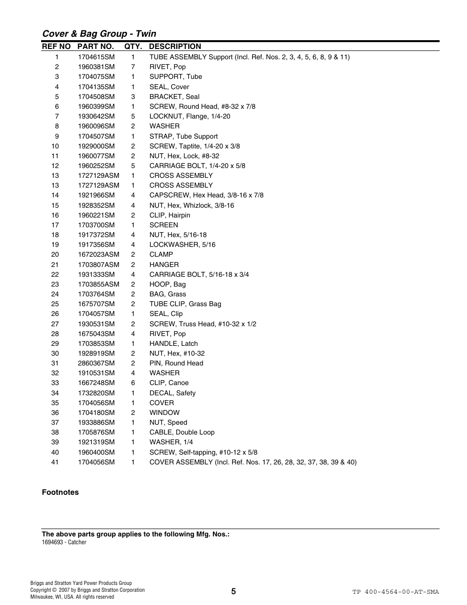 Cover & bag group - twin | Snapper 4564 User Manual | Page 5 / 12